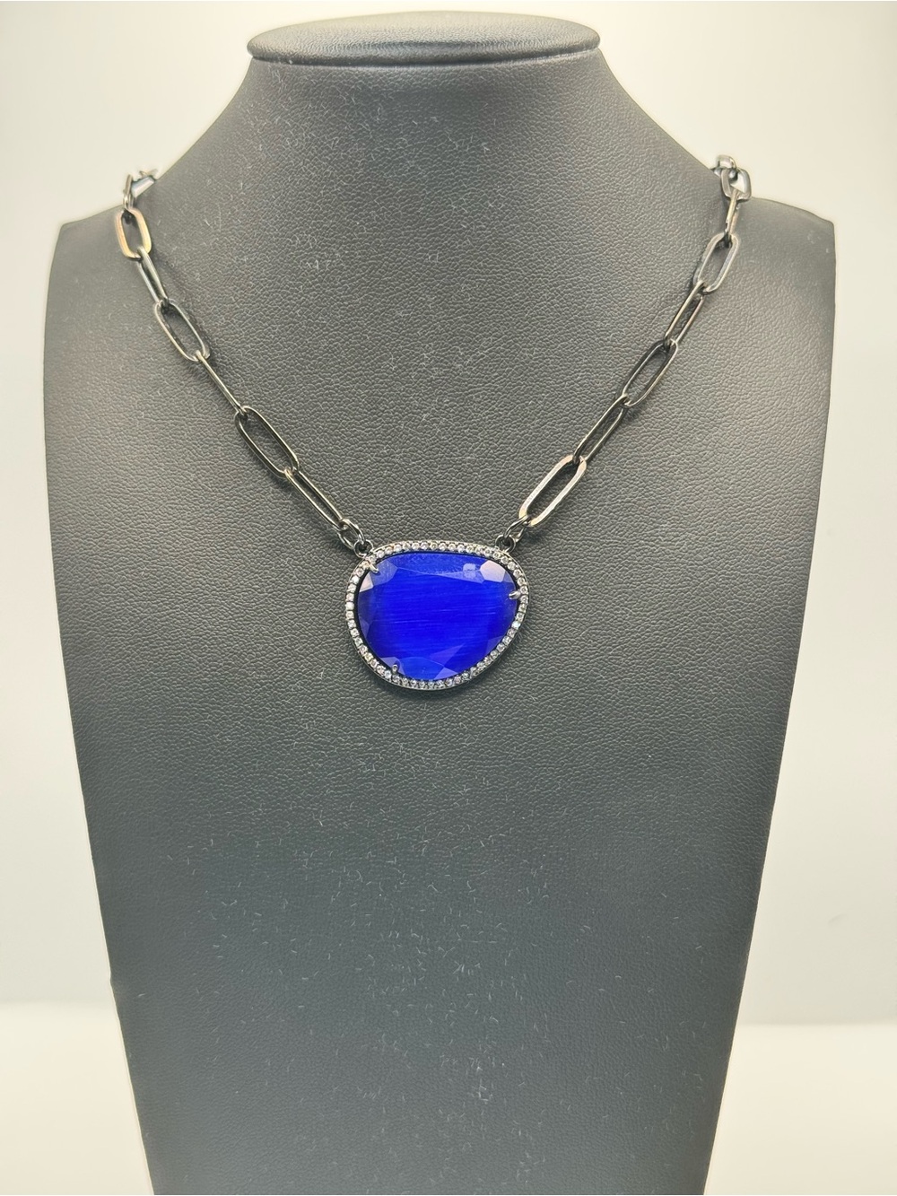 Beautiful Blue Stone Pave Accented Necklace with Gunmetal Paper Clip Chain